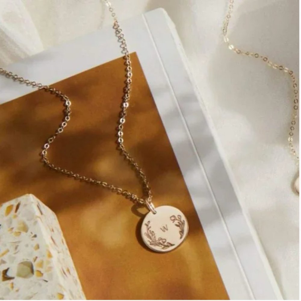 Floral Letter M Initial Dainty Silver/Gold Floral Engraved Boho/Indie Necklace - Picture 4 of 16